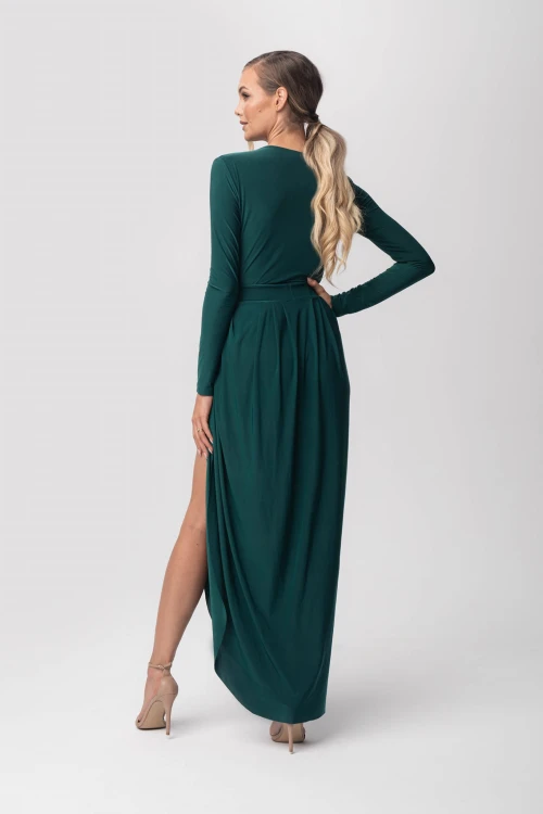 Elen długa, elegancka sukienka -butelkowa zieleń-tył