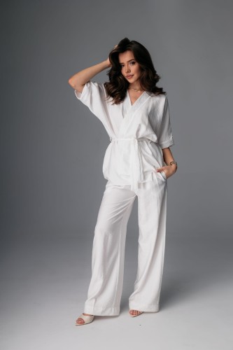 Komplet kimono + spodnie Crystal White – elegancka biała stylizacja