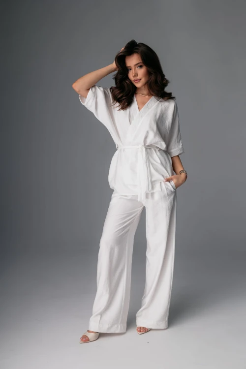 Komplet kimono + spodnie Crystal White – elegancka biała stylizacja