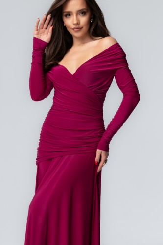 Anastasia Fuchsia Glow – dopasowana sukienka z drapowaną spódnicą i dekoltem V