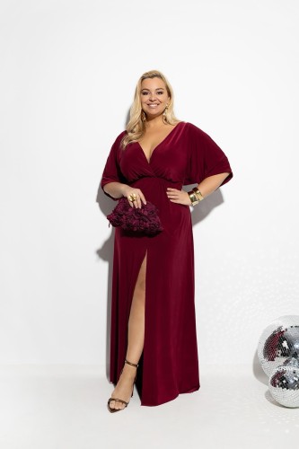 Sukienka Ella Maxi Velvet Bordeaux – widok z przodu w rozmiarze XXL, dekolt V i wiązana talia
