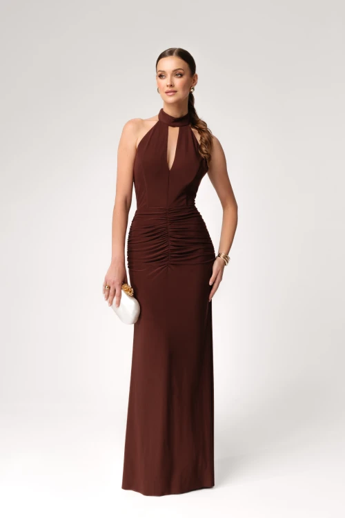 sukienka maxi chocolate brown elegancka z odkrytymi plecami Alice