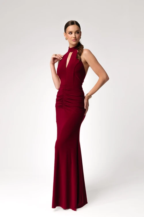 sukienka maxi bordowa velvet wine dopasowana z rozcięciem Alice
