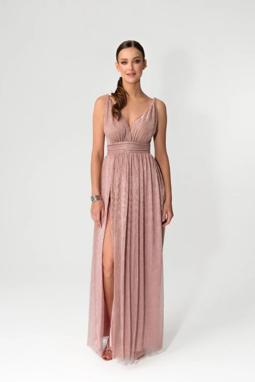 sukienka maxi rose gold róż z rozcięciem na nodze Milo