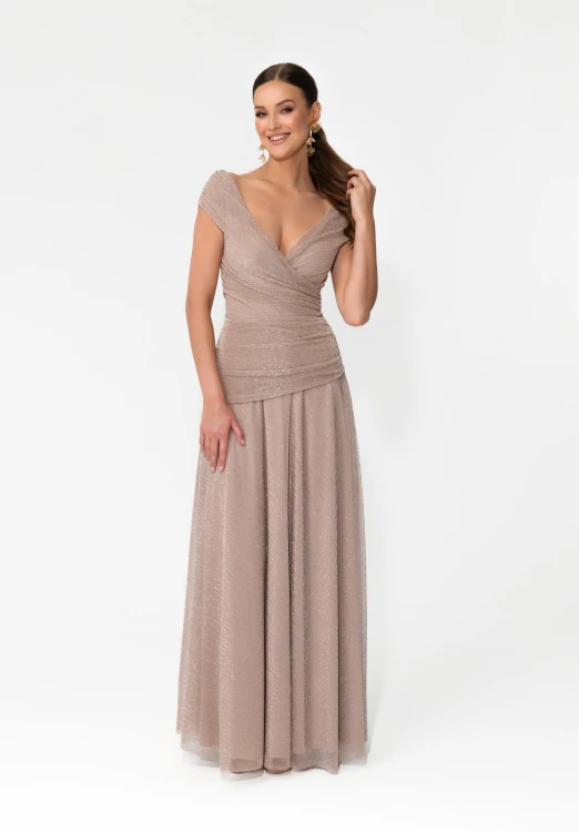 sukienka maxi z drapowaniem w talii champagne beige