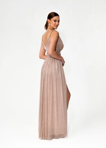 zwiewna sukienka maxi champagne beige z lekkim połyskiem
